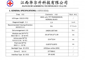 1.3inch 240×240 TFT 262K, a-SI, TFT TRANSMISSVIE, NORMAL BLACK  SPI Interface